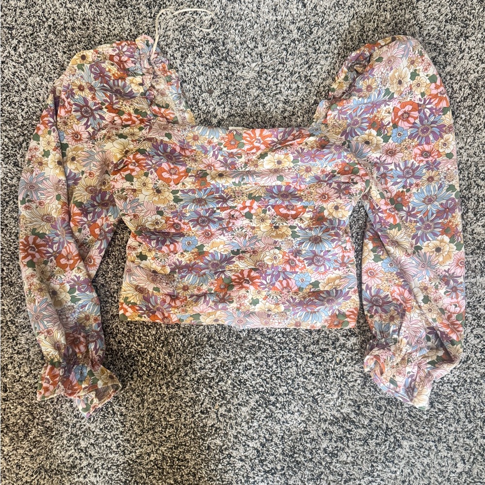 Oli & Hali Floral Puff-Sleeve Square Neck Crop Top - Pink, Purple, Cream, Green